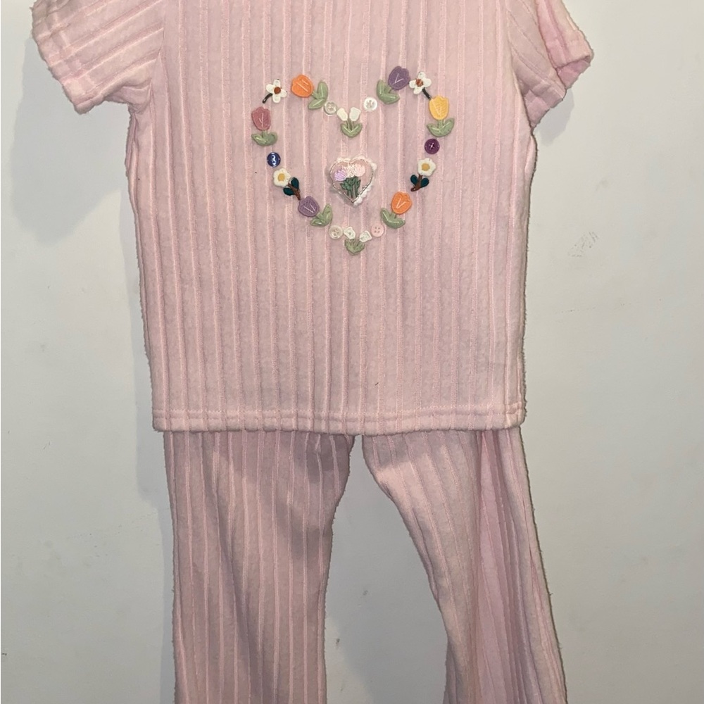 Pink Ribbed Pajama Set with Heart Design